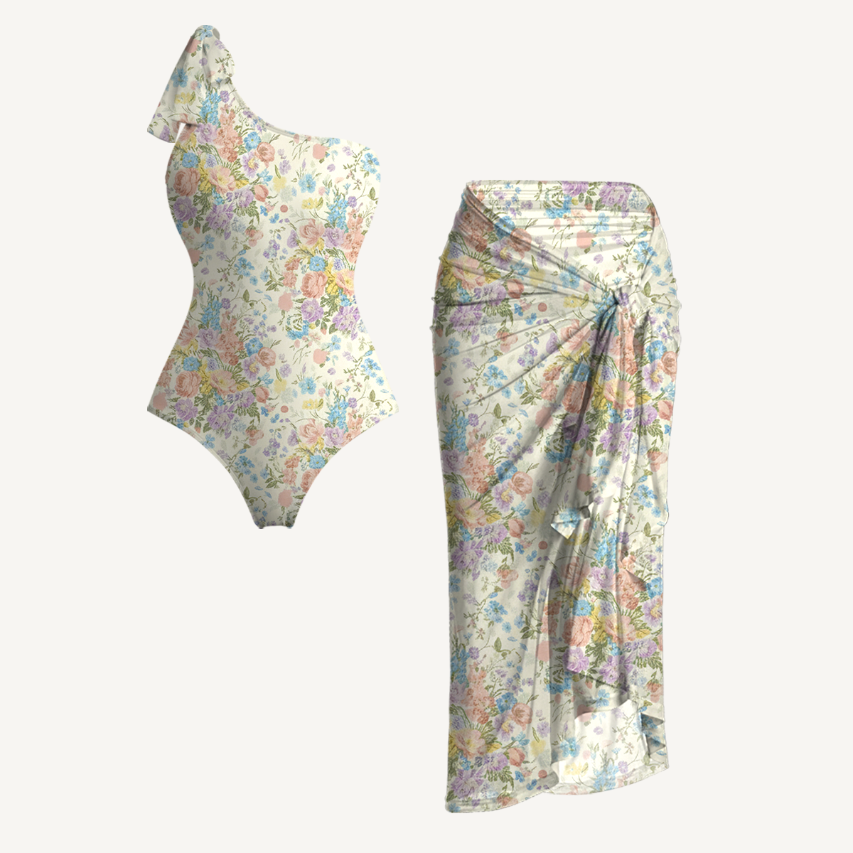 Morning Dew Bouquet One Shoulder One Piece Swimsuit and Matching Sarong Set for Women
