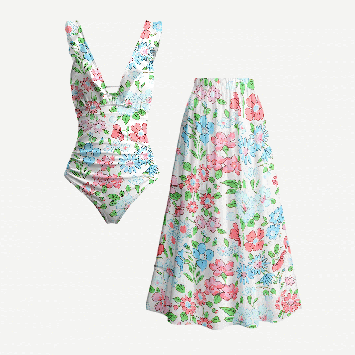 Pastel Cottage Floral Ruffled V Neck One Piece Swimsuit and Matching Midi Skirt Set