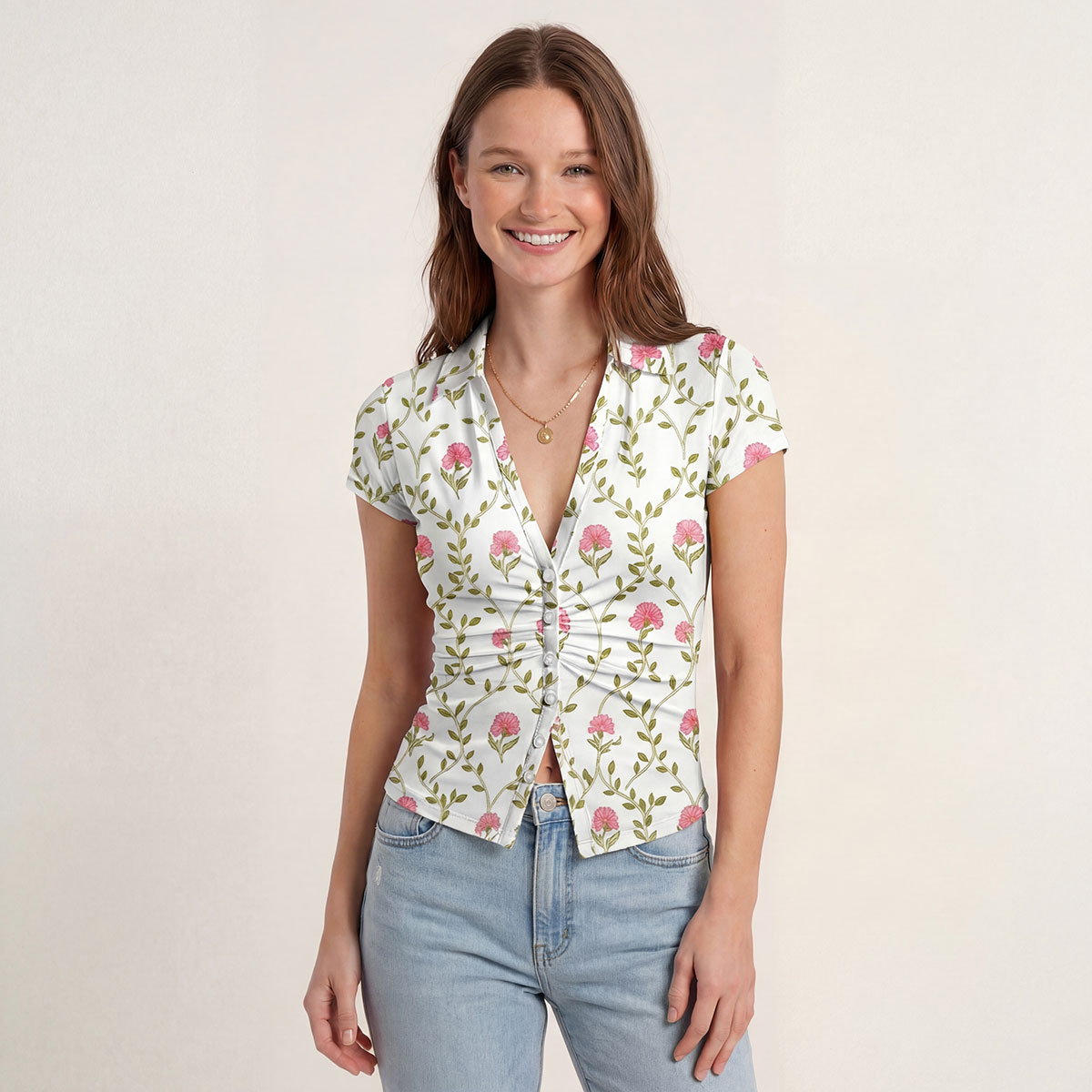 V-Neck Short Sleeve Clover Vine Whisper Print Mesh Top