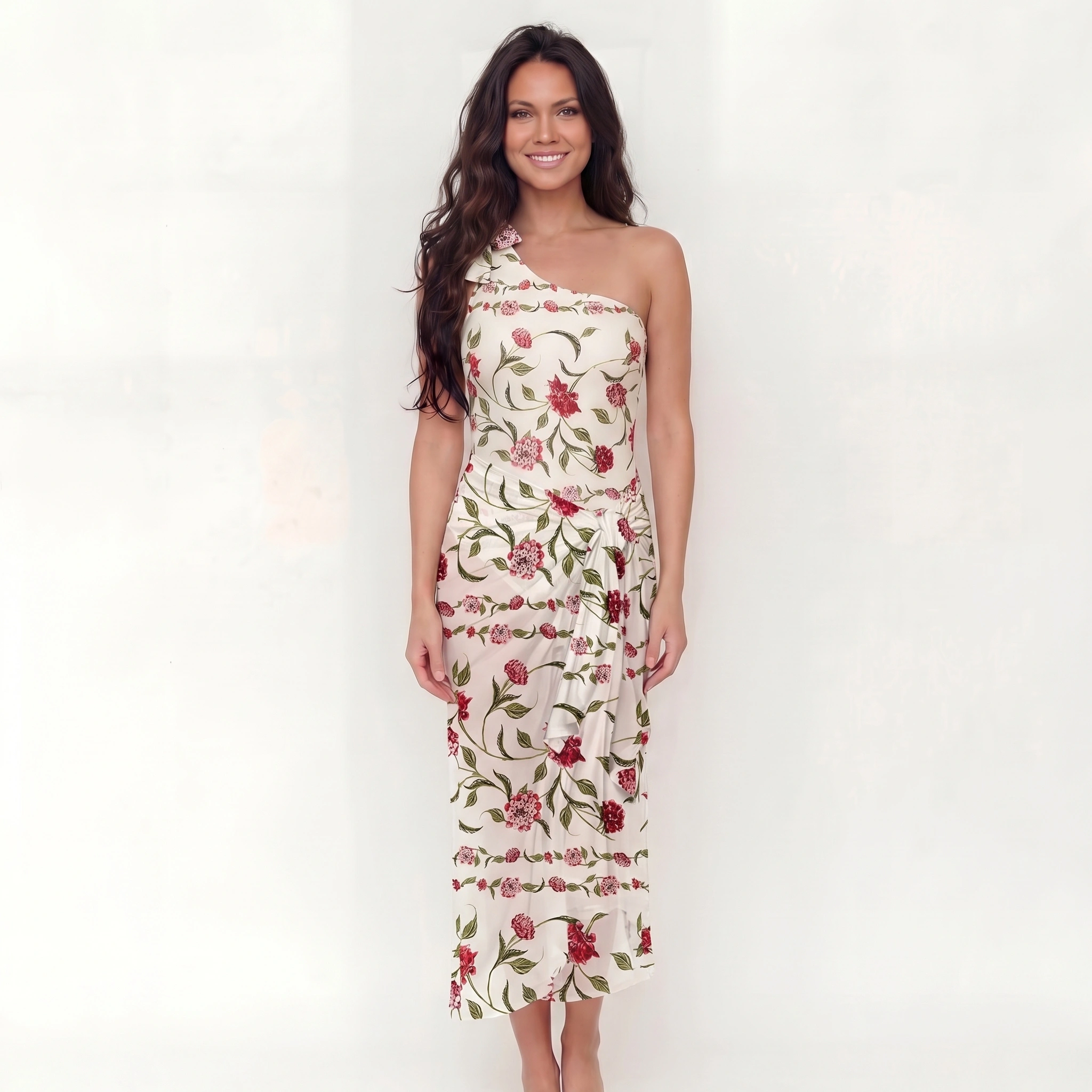 Red Floral One Shoulder One Piece Swimsuit and Matching Sarong Set for Women