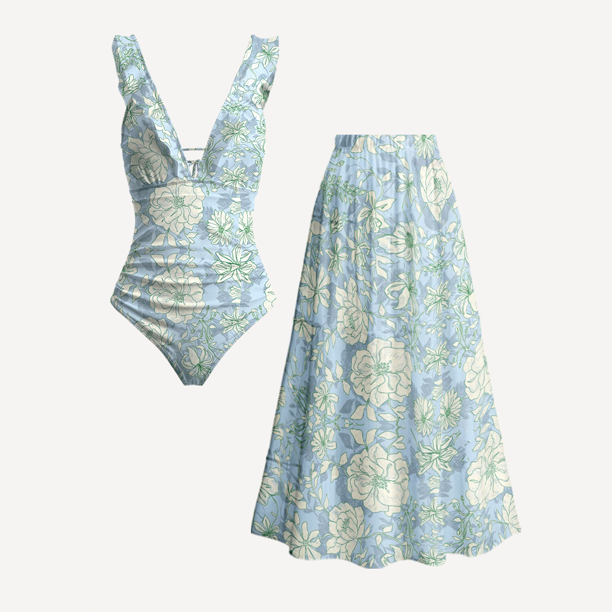 Mist Floral Ruffled V Neck One Piece Swimsuit and Matching Midi Skirt Set